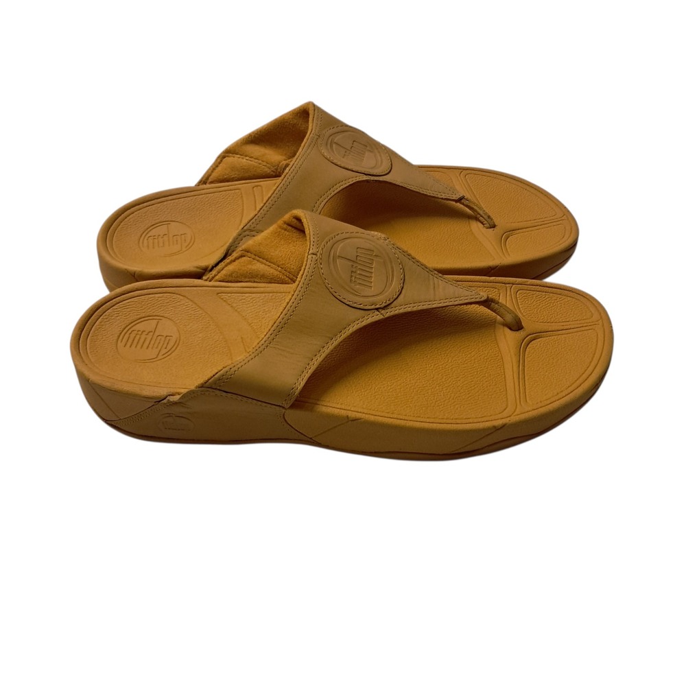 FitFlop Thong Sandals Women's 11 Yellow Leather MicroWobbleboard Casual Comfort